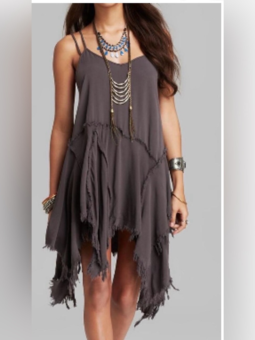 Free people Boho Strappy Fringe Dress in Dusty Gray